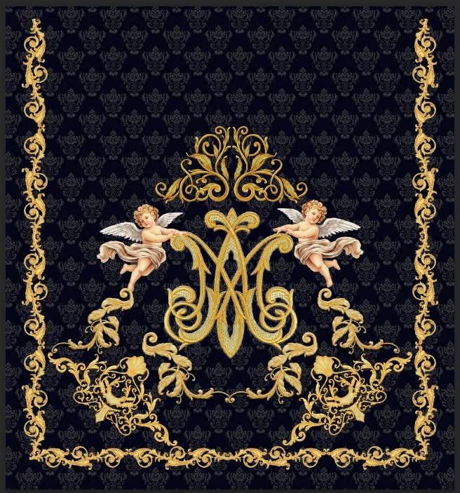 Diseño de manto negro con monograma mariano y ángeles impreso en terciopelo por Tejido Cofrade